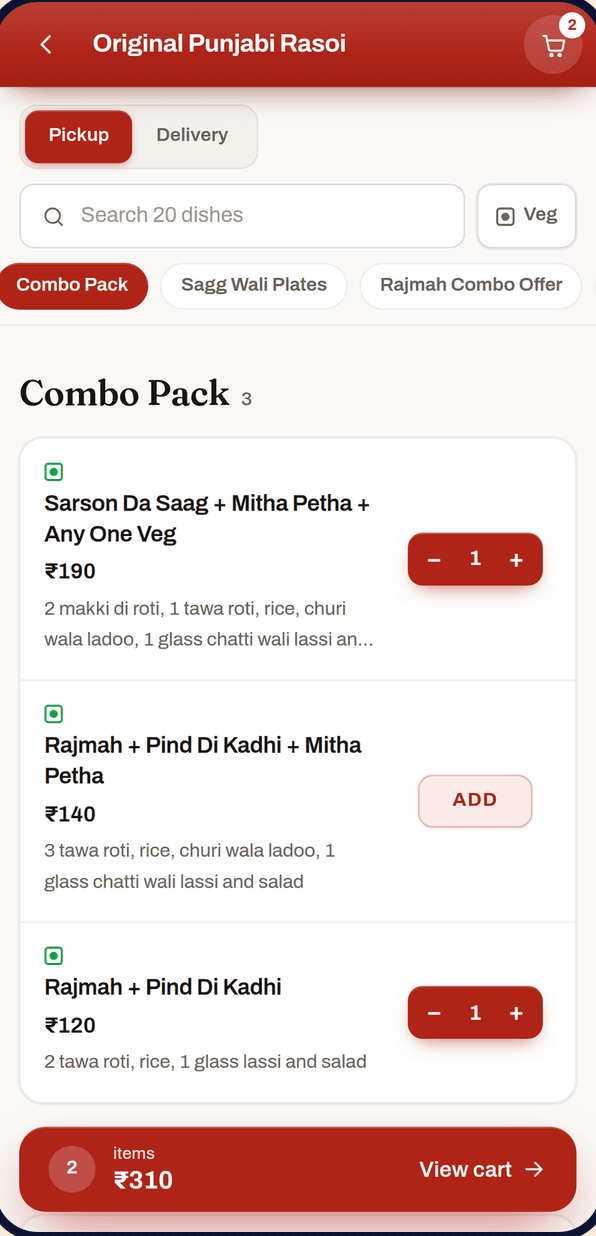 Thaalo QR menu on a phone, showing a restaurant’s combo packs and cart